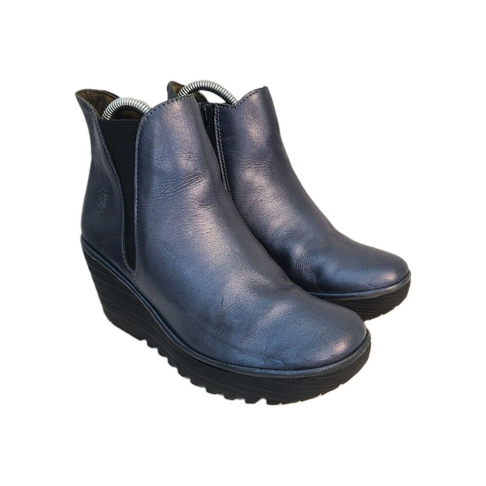 Fly London Yasi Metallic Blue Leather Wedge Ankle Booties EU 37 Whimsigoth Edgy